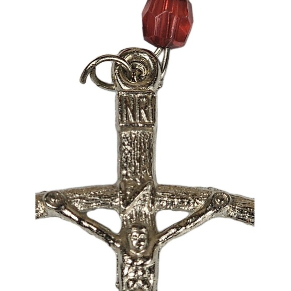 VTG Red Crystal Rosary Silver Tone Crucifix Sacred Heart Jesus Center Necklace - Picture 6 of 8